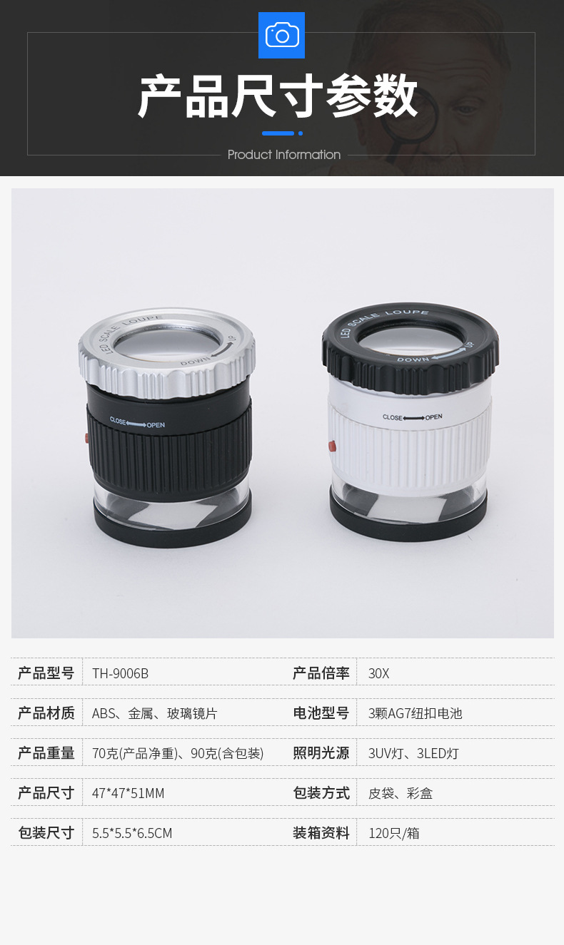 Round barrel cloth mirror LED banknote detector lamp 30X with scale portable cloth mirror cylindrical magnifying glass TH-9006B pic 7