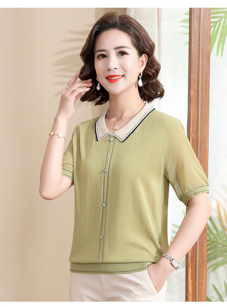 妈妈夏装短袖针织翻领T恤中老年女装冰丝上衣遮肚子薄款小衫套装详情4