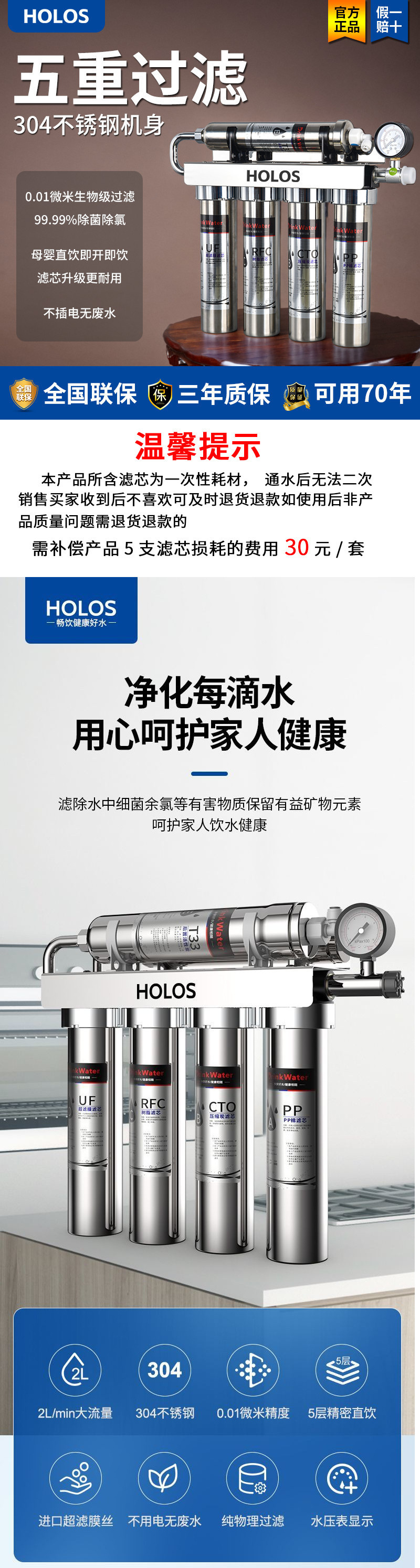 HOLOS water purifier: Household direct drinking water, commercial kitchen tap water faucet filtration, ultrafiltration, pre-sink water purifier pic 1