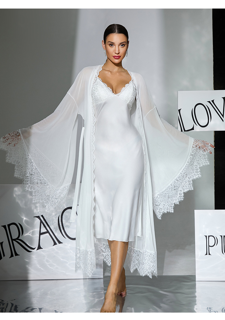 Two-piece set of white satin halter sleeping dress for export, detachable chest cushion mesh lace flared sleeve outer robe 1182 pic 10