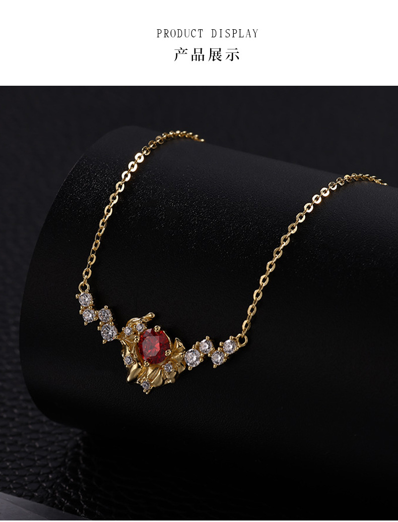 卓恒甄选S925银项饰不规则月亮镶嵌鸽血红莫桑东方复古绝美项链详情6