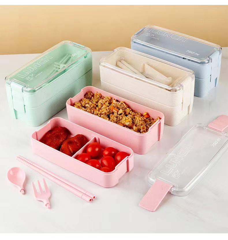 Japanese-style double-layer lunch box with tableware, large-capacity InS-style fresh-keeping box, portable lunch box, can be labeled for cross-border consignment pic 3