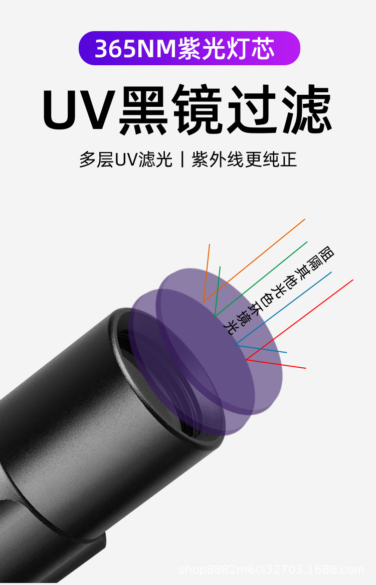 跨境新款UV365NM紫光手电筒紫外线鉴定灯烟酒玉石古玩钱币鉴定灯详情7