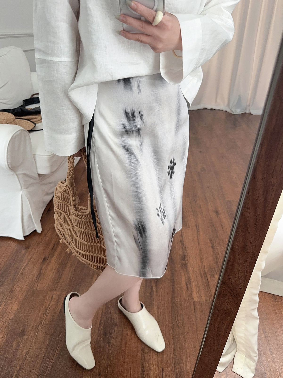 MD25女装新中式优雅晕染印花系结腰身过膝裙半身裙 05217897403详情17