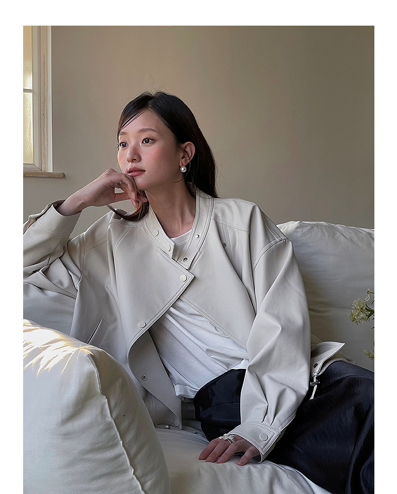 【歌铭】韩系通勤立领皮衣夹克女春季新款复古机车服短外套W733B详情23