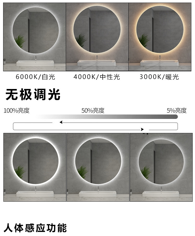 跨境北欧圆形除雾浴室镜子卫生间led发光触摸屏智能镜子化妆镜子详情23