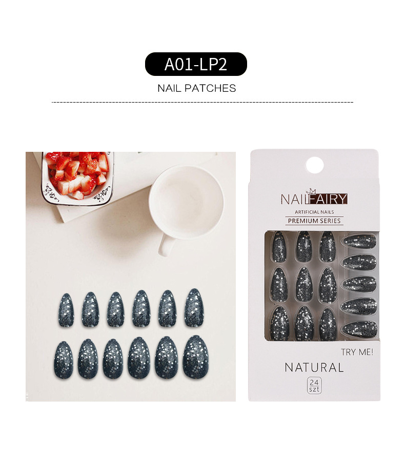 Wholesale of new cross-border glitter fake nails, pointed nails, detachable nail plates, patch nail art, sequined and fresh wearable nails pic 2