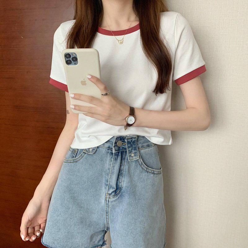 撞色圆领短袖t恤女2024年新款夏季打底衫韩版修身短款学生上衣潮详情14