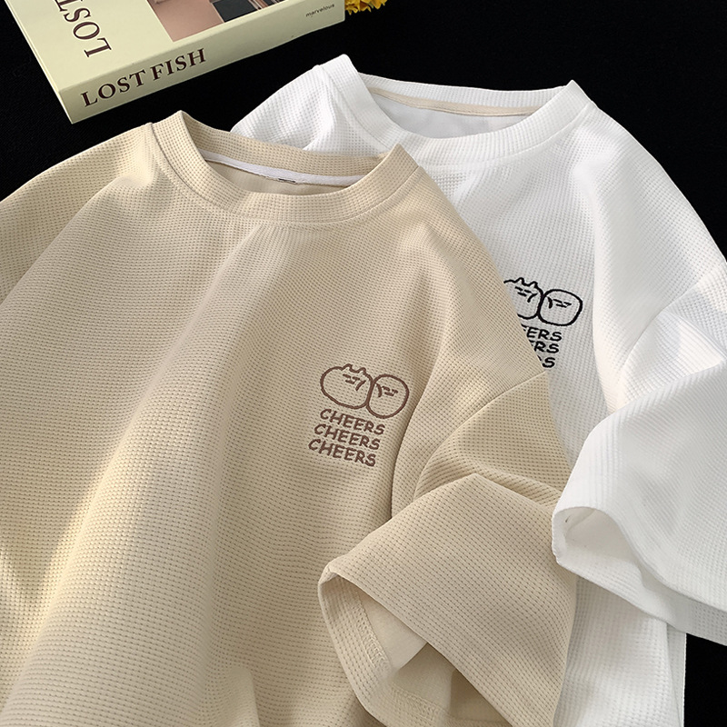 Waffle large-sized short-sleeved T-shirt for men, summer Korean style trendy clothing, printed loose half-sleeved American heavyweight T-shirt pic 2