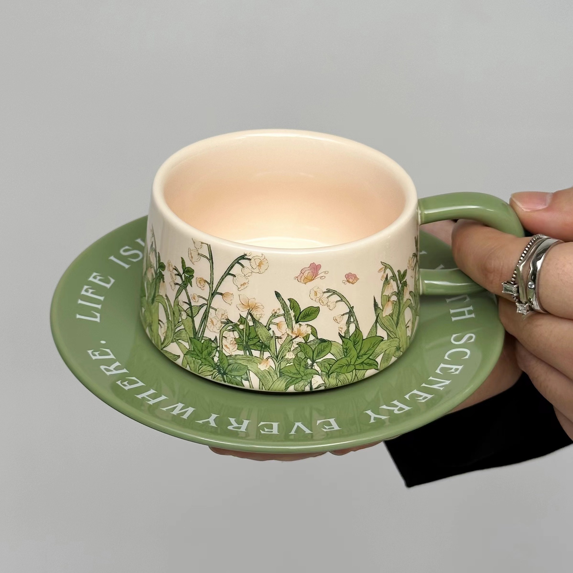 复古美式陶瓷杯碟中古风油画绿铃兰花咖啡杯碟赫本风下午茶马克杯详情3