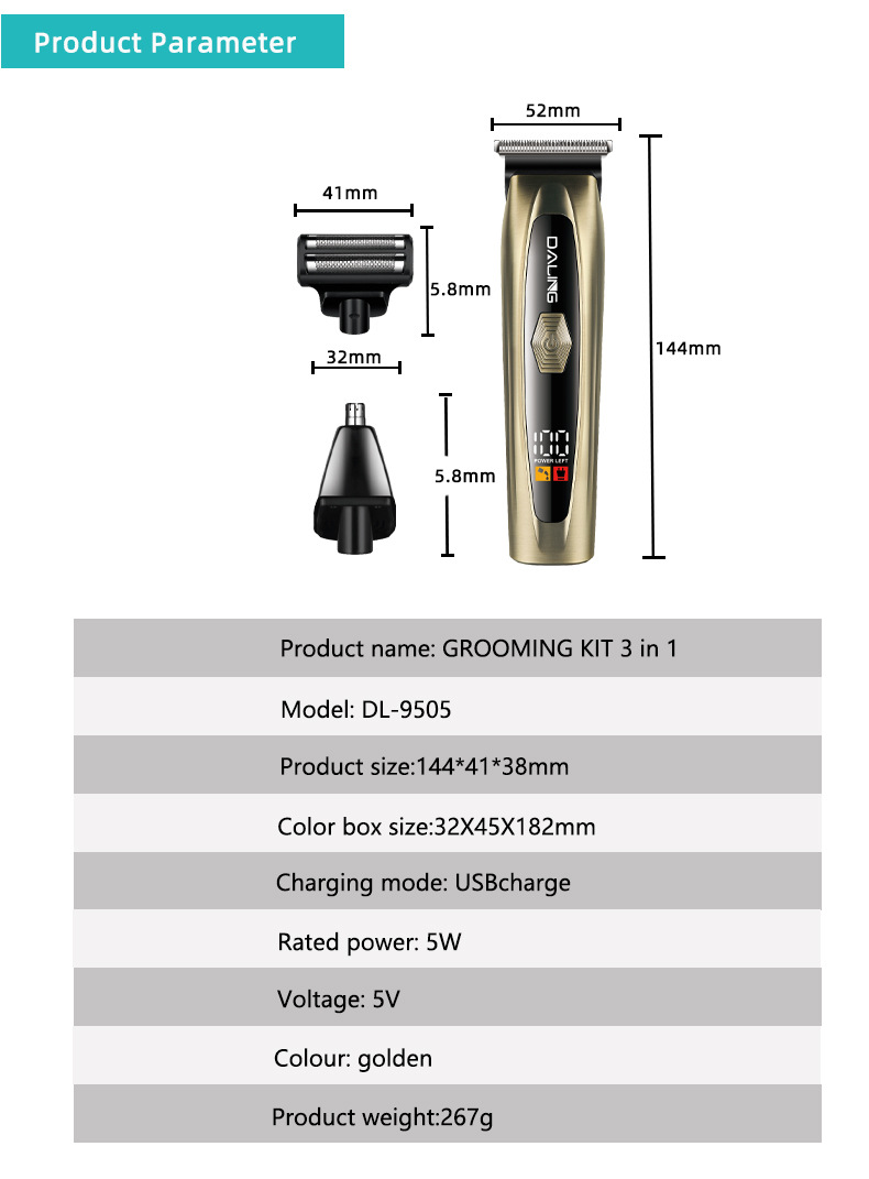 DALINGd darling DL-9505 profesional hombre 3in1 kit de aseo eléctrico para peluquería corte de pelo corte eléctrico pusher pic 13