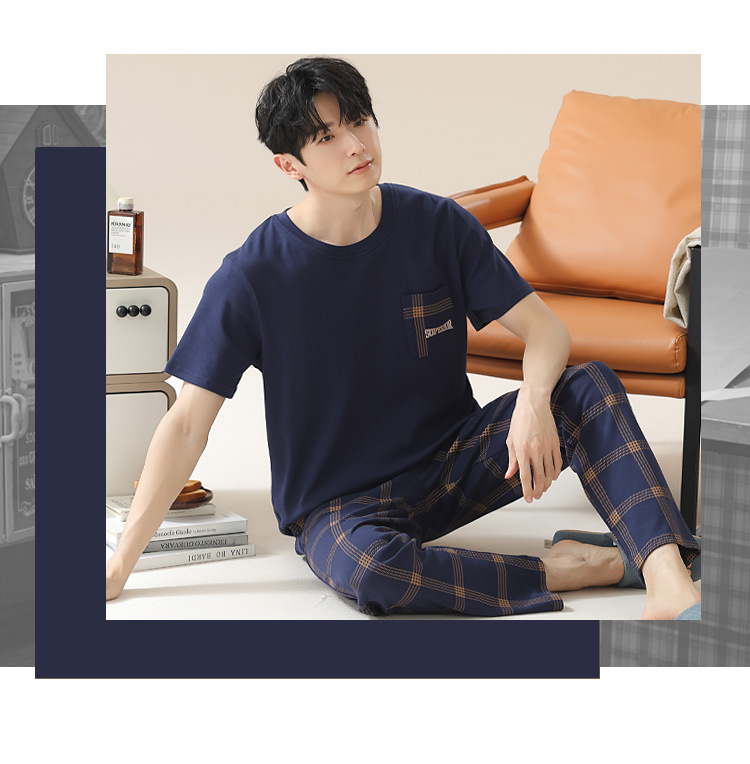 Summer pure cotton pajamas for men, cartoon casual short-sleeved shirts and long pants, pure cotton comfortable home wear, summer youth student set pic 3