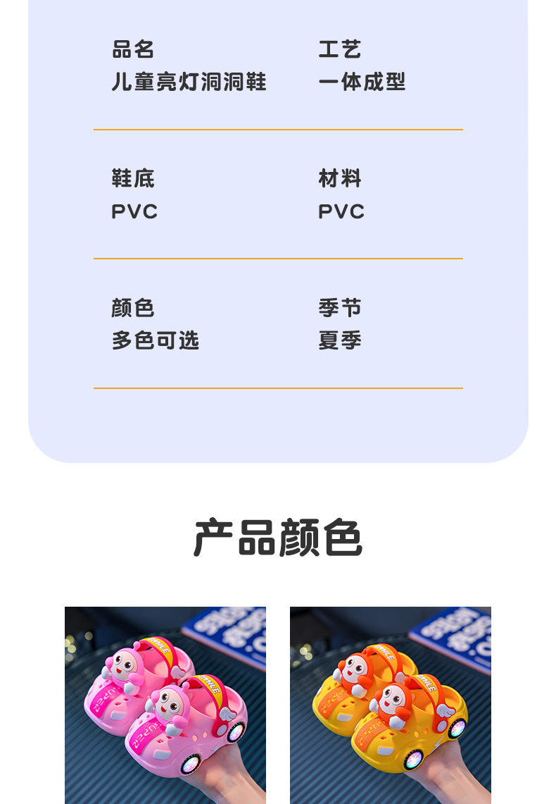 儿童拖鞋夏女宝宝小车发亮灯光室内软底防滑凉拖鞋男童蛋仔洞洞鞋详情2