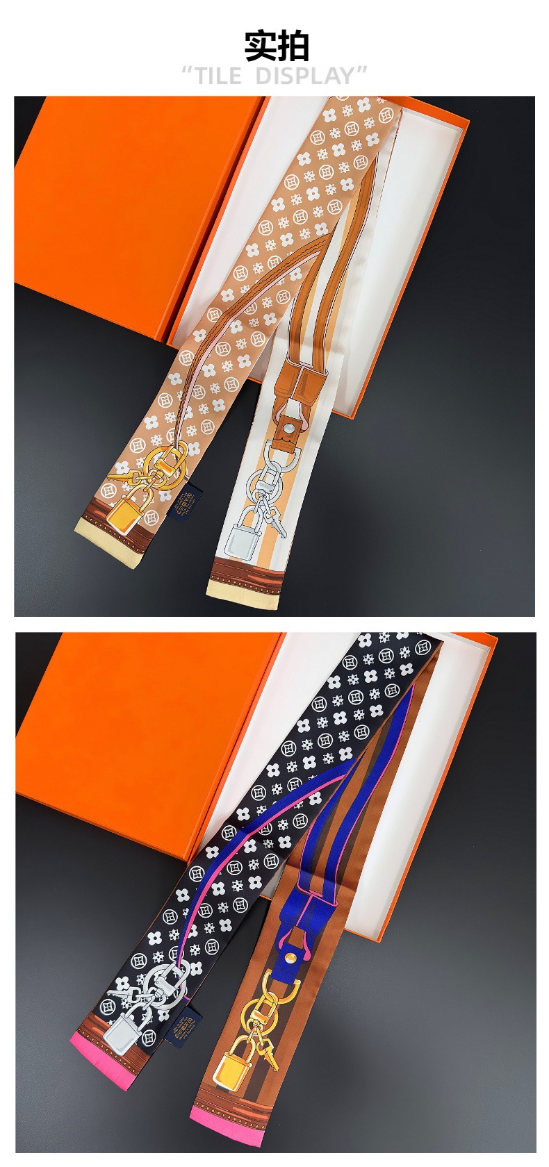 Professional daily geometric space line silk scarf for women 120*8cm hair band binding bag decoration hair tie wrist strap pic 2