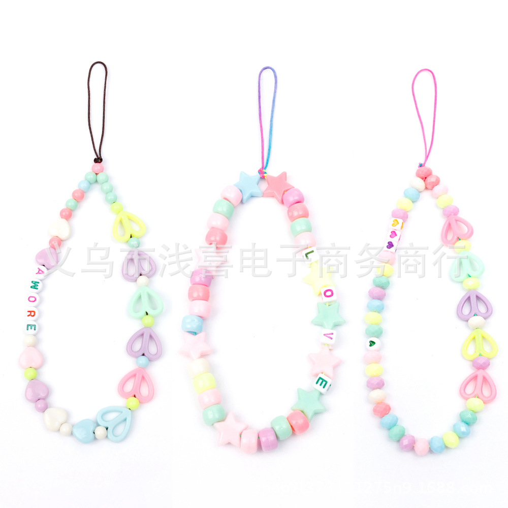 Cute heart-shaped mobile phone lanyard diy acrylic beaded mobile phone chain letter heart-shaped mobile phone protective pendant pic 1