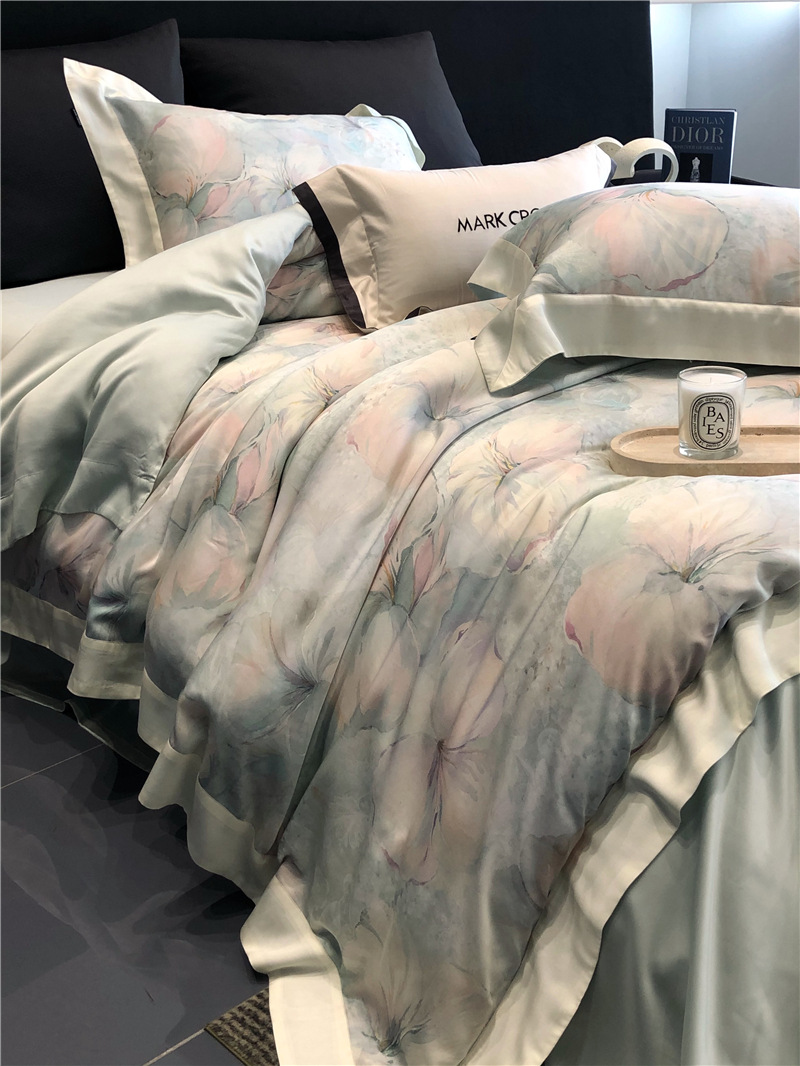 Cool ultra-fine denier Tencel summer light and cool condensation filament four-piece set, elegant printed sweat-absorbing nude bedding pic 41