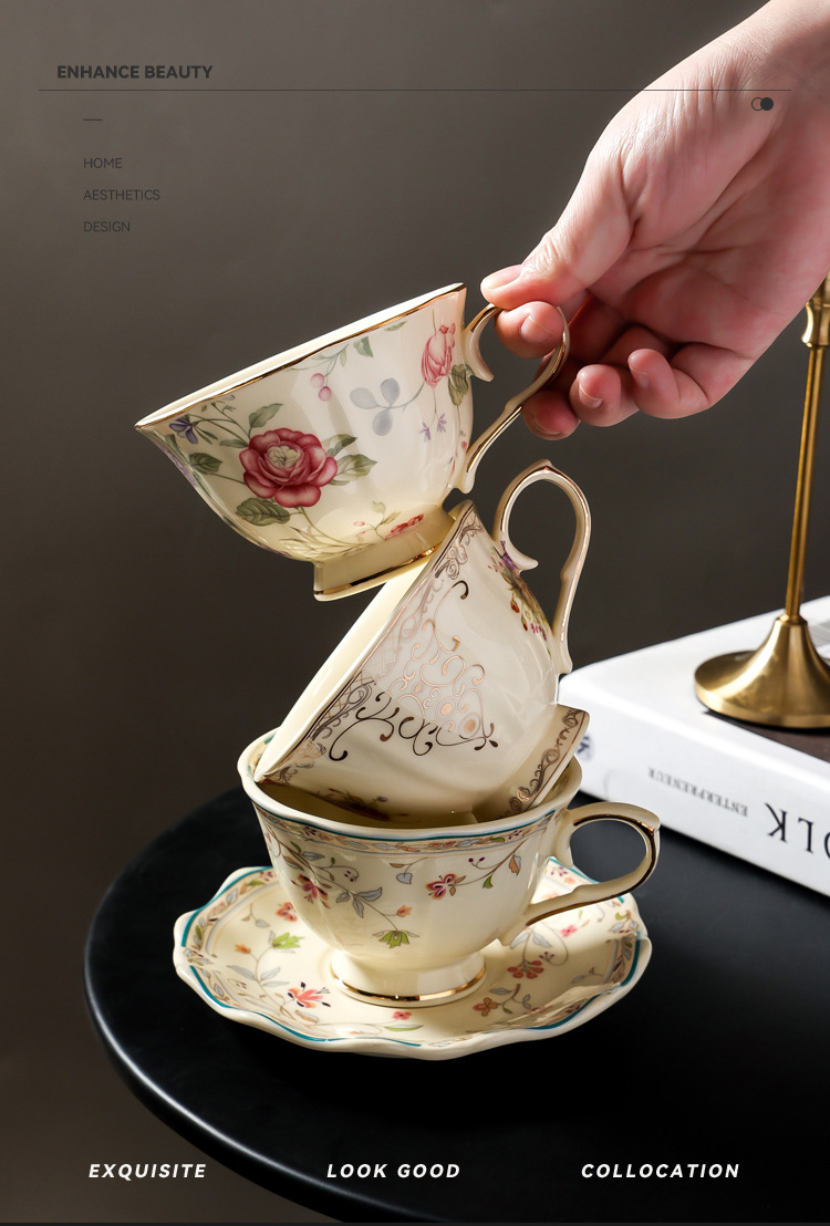 European-style gold-edge flower coffee cups and saucers, retro country-style flower vine ceramic cups and saucers, light luxury lace afternoon tea cups and saucers pic 1