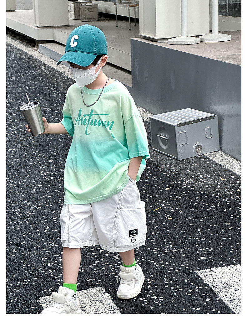 熊猫圆圆渐变男童夏季套装 2024跨境新款儿童短袖二件套织里童装详情47