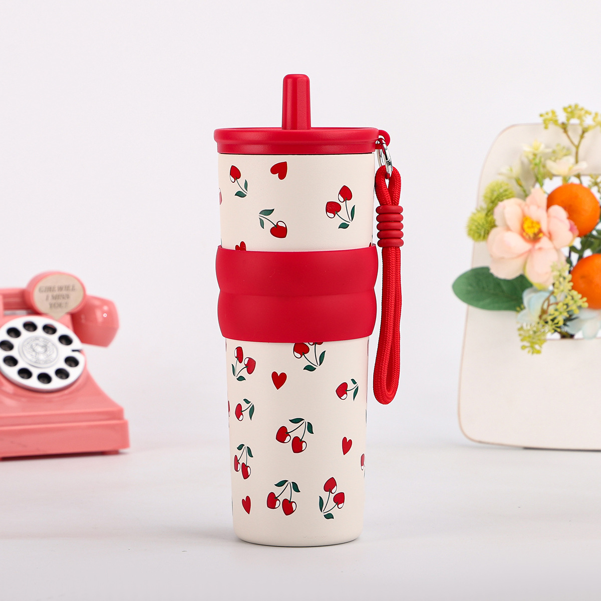 卡通插画提绳吸管杯304不锈钢真空保温杯车载保冷冰霸学生水杯详情8