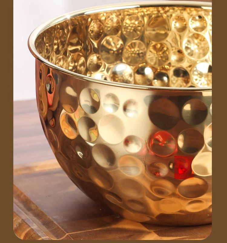 Retro stainless steel creative fruit dessert outdoor camping patterned hammer patterned soup bowl golden light luxury bowl European salad bowl pic 8