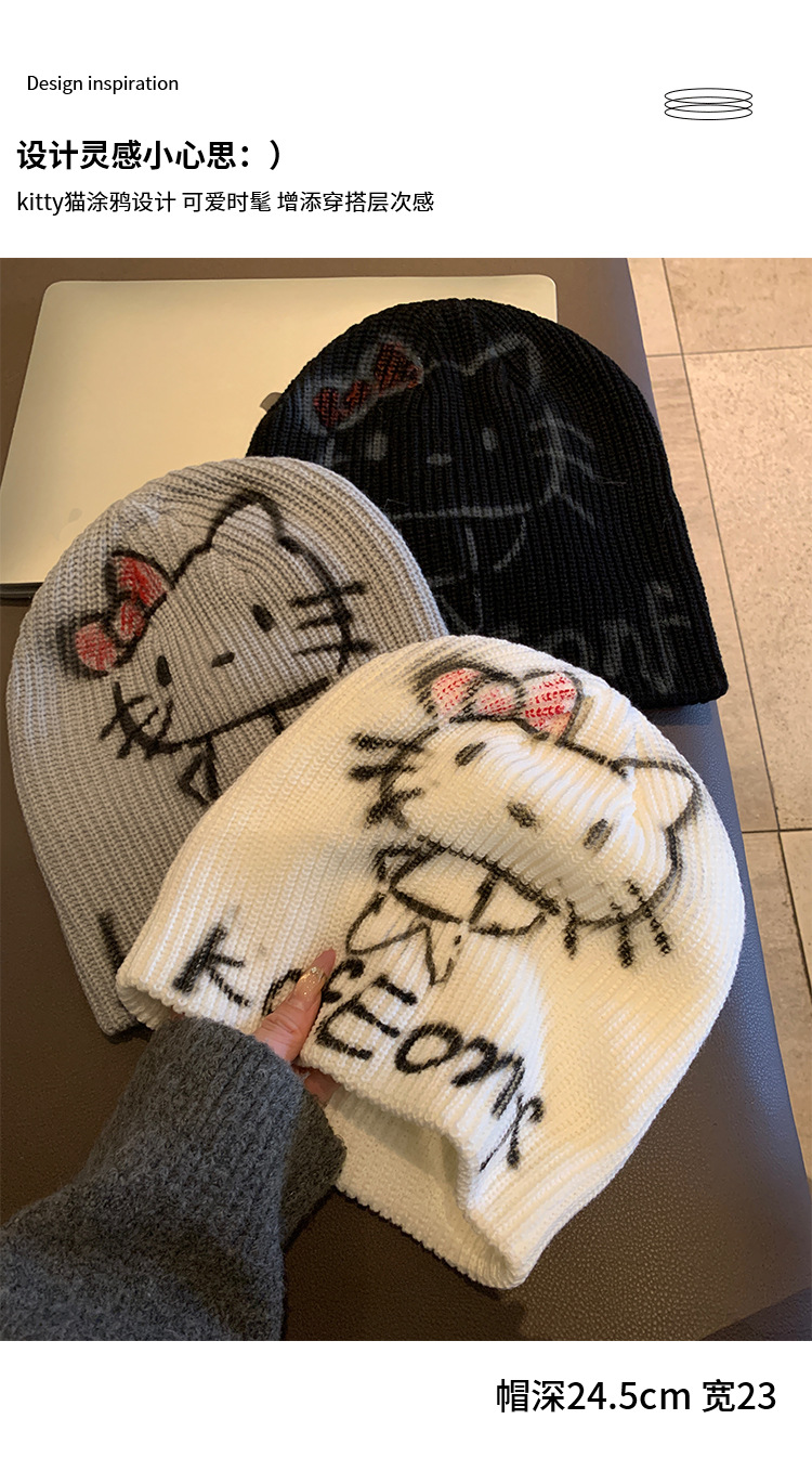 American hot girl kitty cat graffiti cold hat for women, warm knitted woolen hat for autumn and winter, face-showing small headscarf hat pic 2