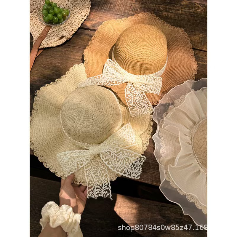 防晒草帽夏季户外出游大檐草帽蕾丝帽蝴蝶结透气草编帽厂家直销详情6