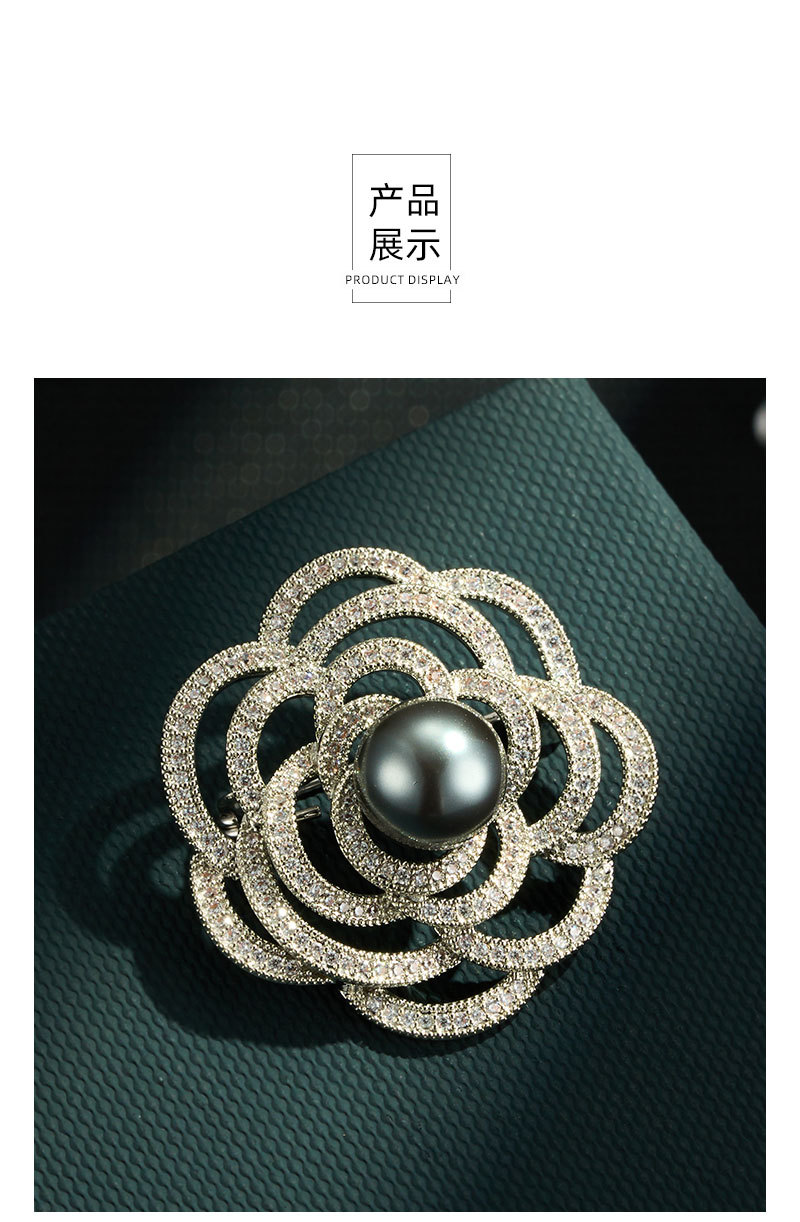 A light luxury and elegant camellia brooch with a high-end feel. It features a copper alloy freshwater pearl inlaid with zircon and a three-dimensional hollowed-out brooch pic 11