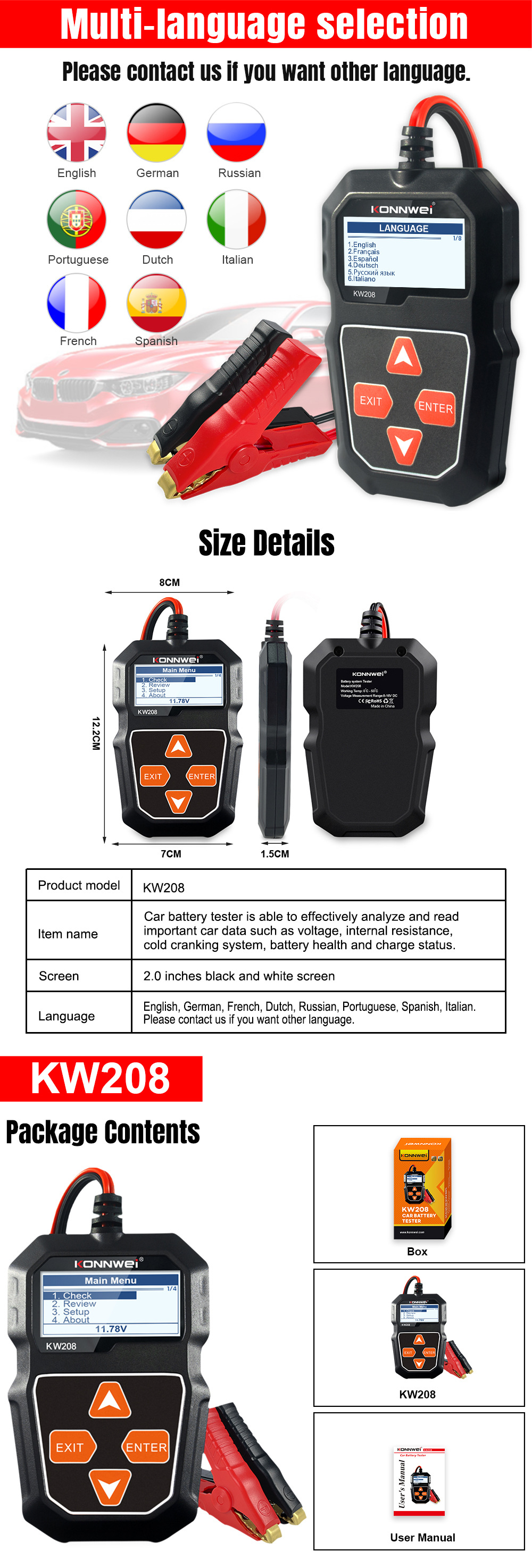 KW208 battery analyzer battery tester for Automobiles and Motorcycles pic 4