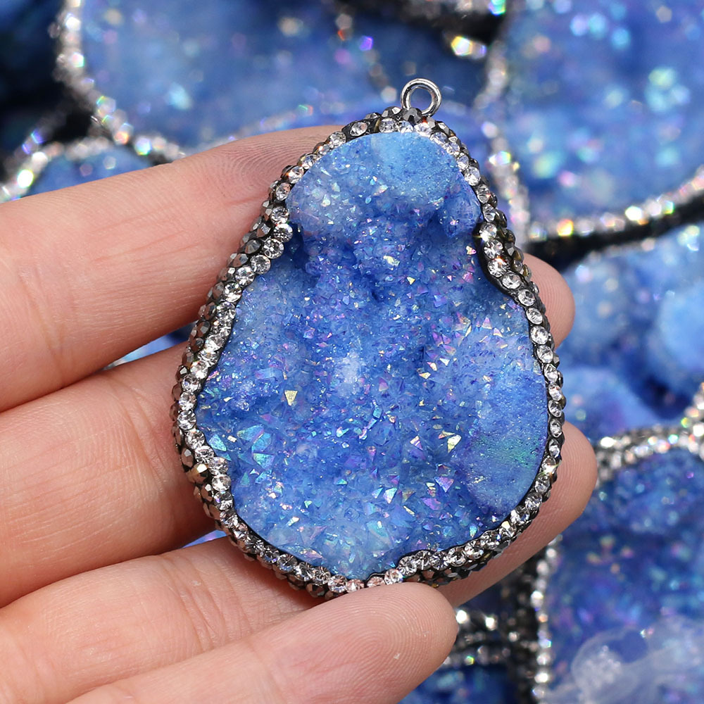 Natural semi-precious stone irregularly shaped agate crystal bud diamond-encrusted edge pendant DIY jewelry accessory, handcrafted wholesale pic 23