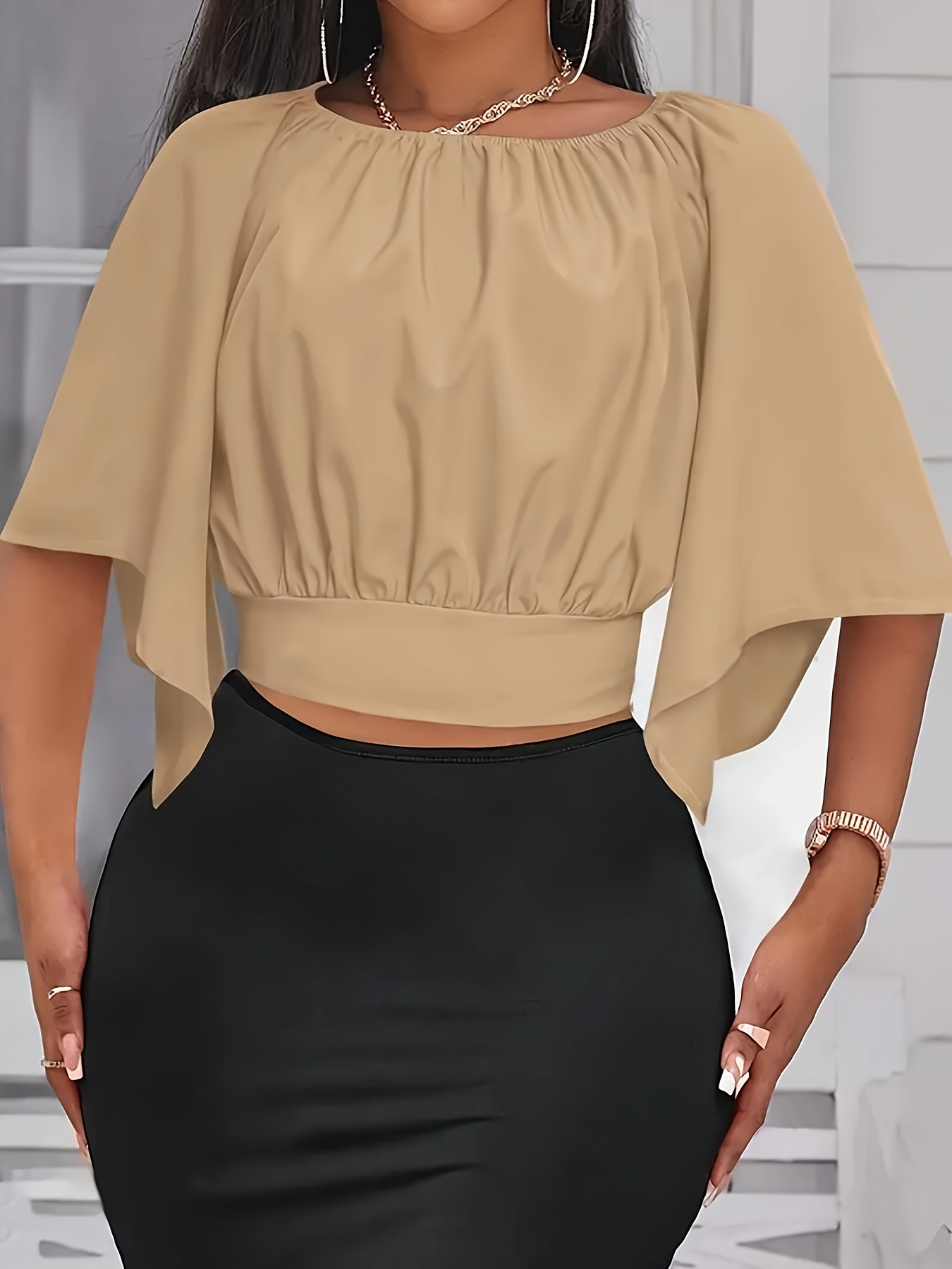 Tie Back Ruched Blouse Elegant Solid Color Blouse For跨境 pic 4