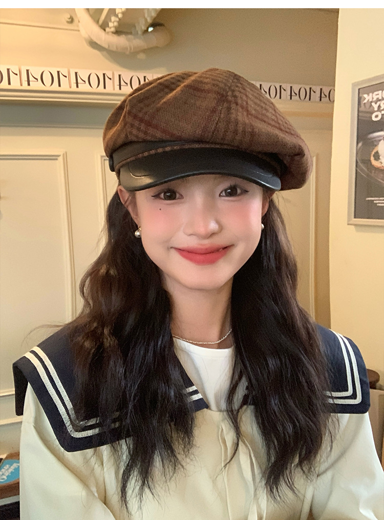 Cool and elegant checkered retro British octagonal newsboy hat for women 2024 new style face-enhancing small beret pic 6
