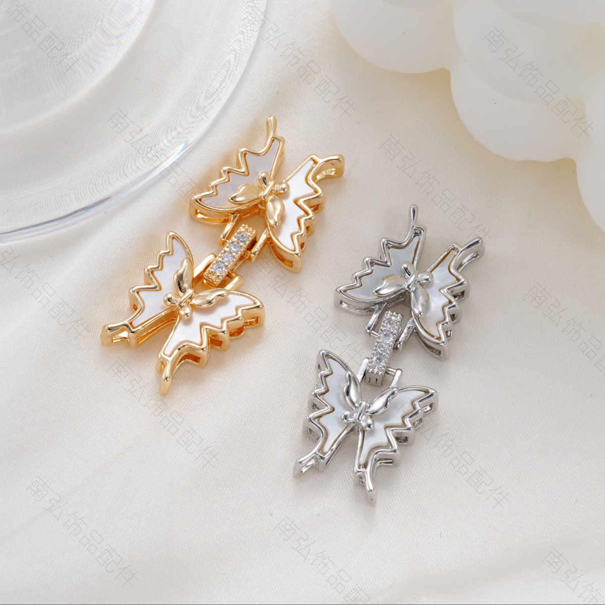 铜镀18k高保色镶白贝蝴蝶对扣珍珠项链扣头高级DIY饰品珠宝配件详情11