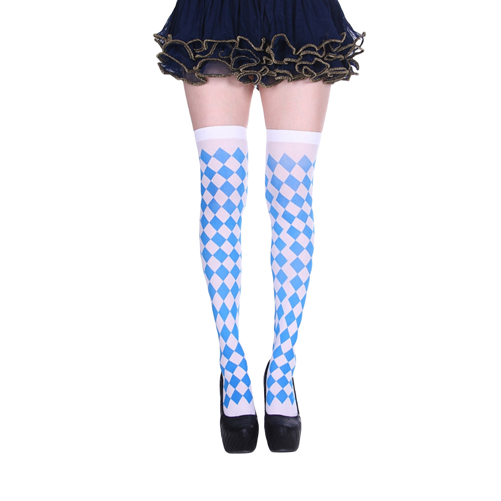 厂家直销万圣节派对丝袜小丑袜扑克花菱格方格圆点印花过膝长筒袜详情9