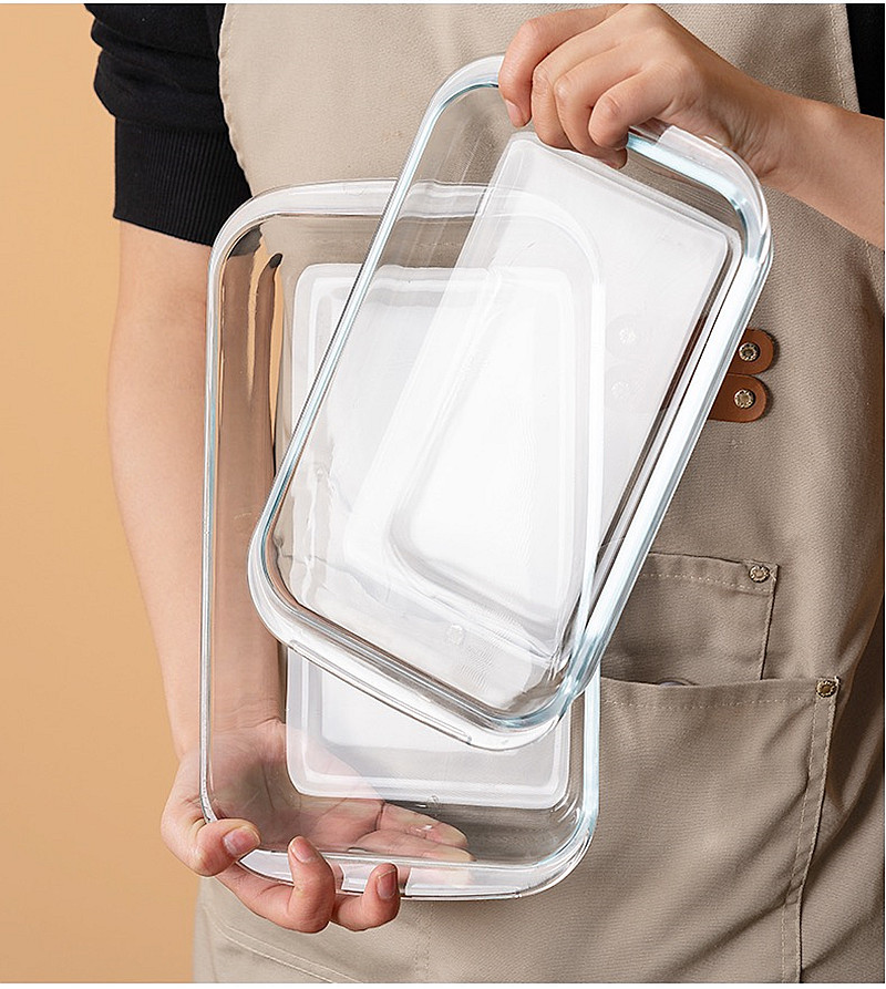 Wholesale of three-piece rectangular heat-resistant glass baking trays with LIDS for home kitchen steaming and roasting fish plates and tableware pic 13