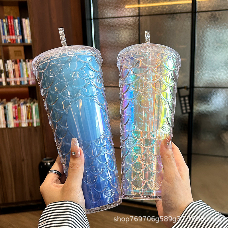 双层塑料吸管榴莲杯可印logo款网红高颜值炫彩渐变镭射双层吸管杯详情5