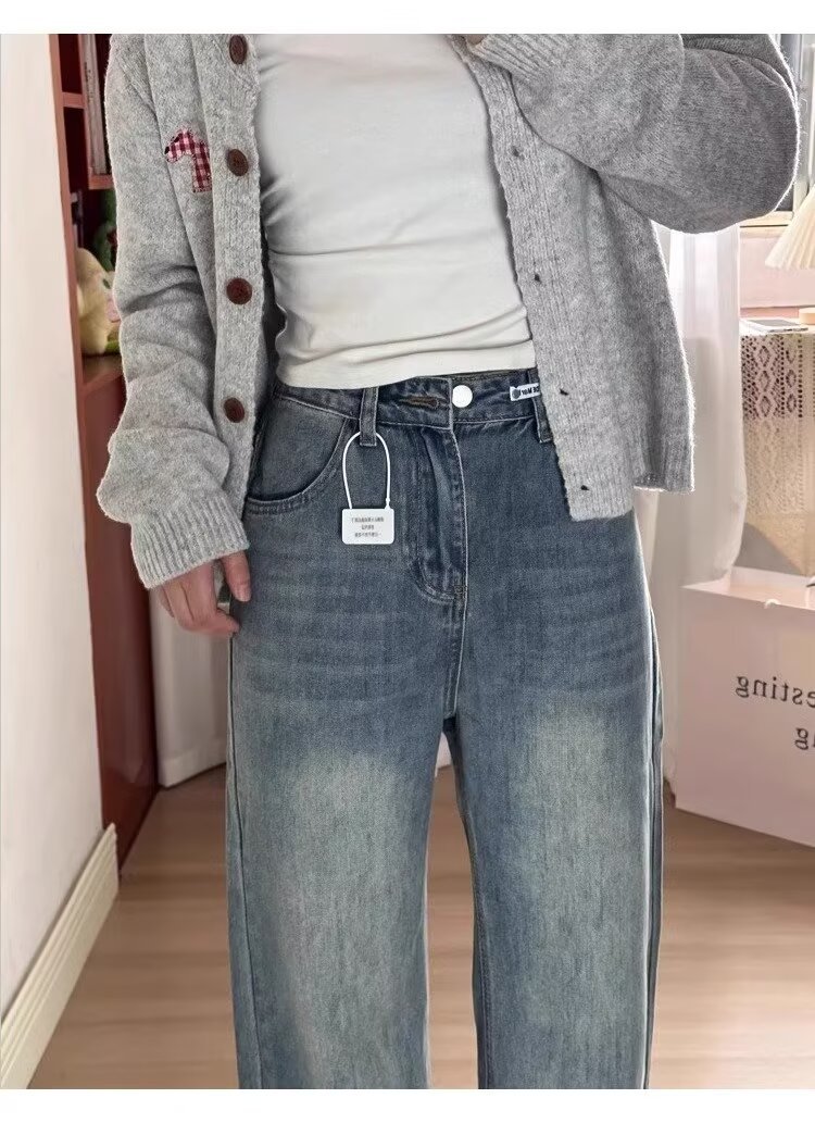 复古蓝直筒牛仔裤女春季新款高腰胖mm显瘦梨形身材宽松阔腿长裤子详情6