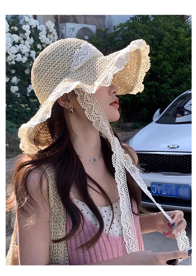 草帽海边帽子ins系带草编帽女出游防晒沙滩太阳帽蕾丝遮阳帽详情11