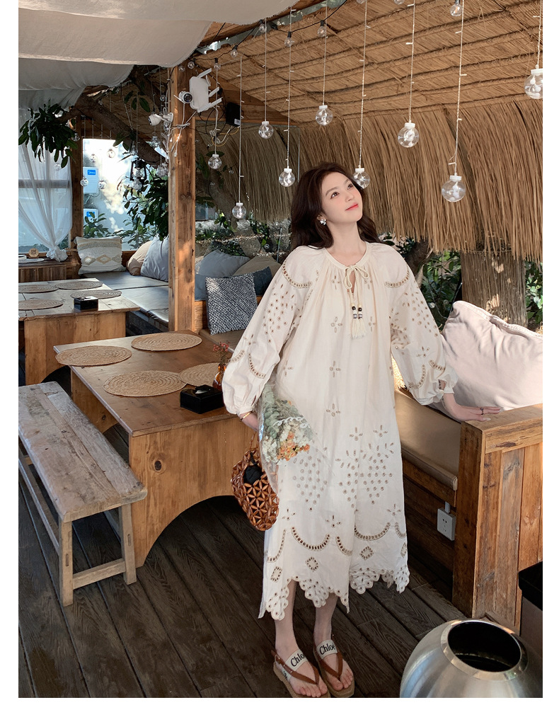 Real photo of a retro, gentle, cut-out embroidered V-neck apricot-colored dress, 2025 new seaside vacation style long-sleeved umbrella dress pic 42