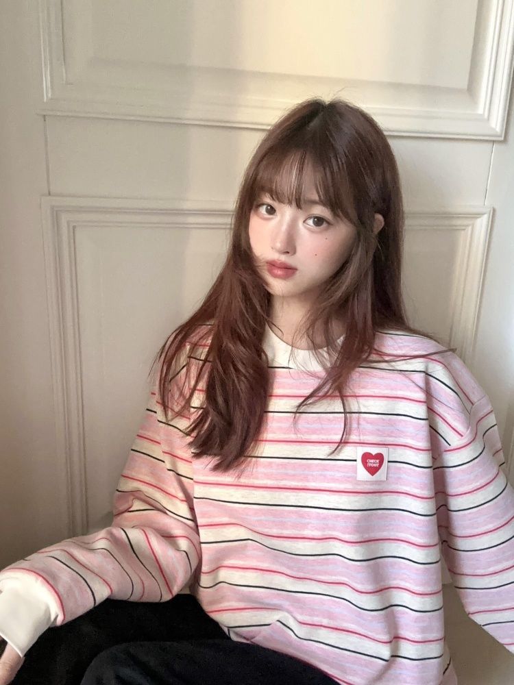韩系甜美条纹圆领长袖t恤女秋季新款宽松显瘦慵懒风撞色百搭上衣详情5