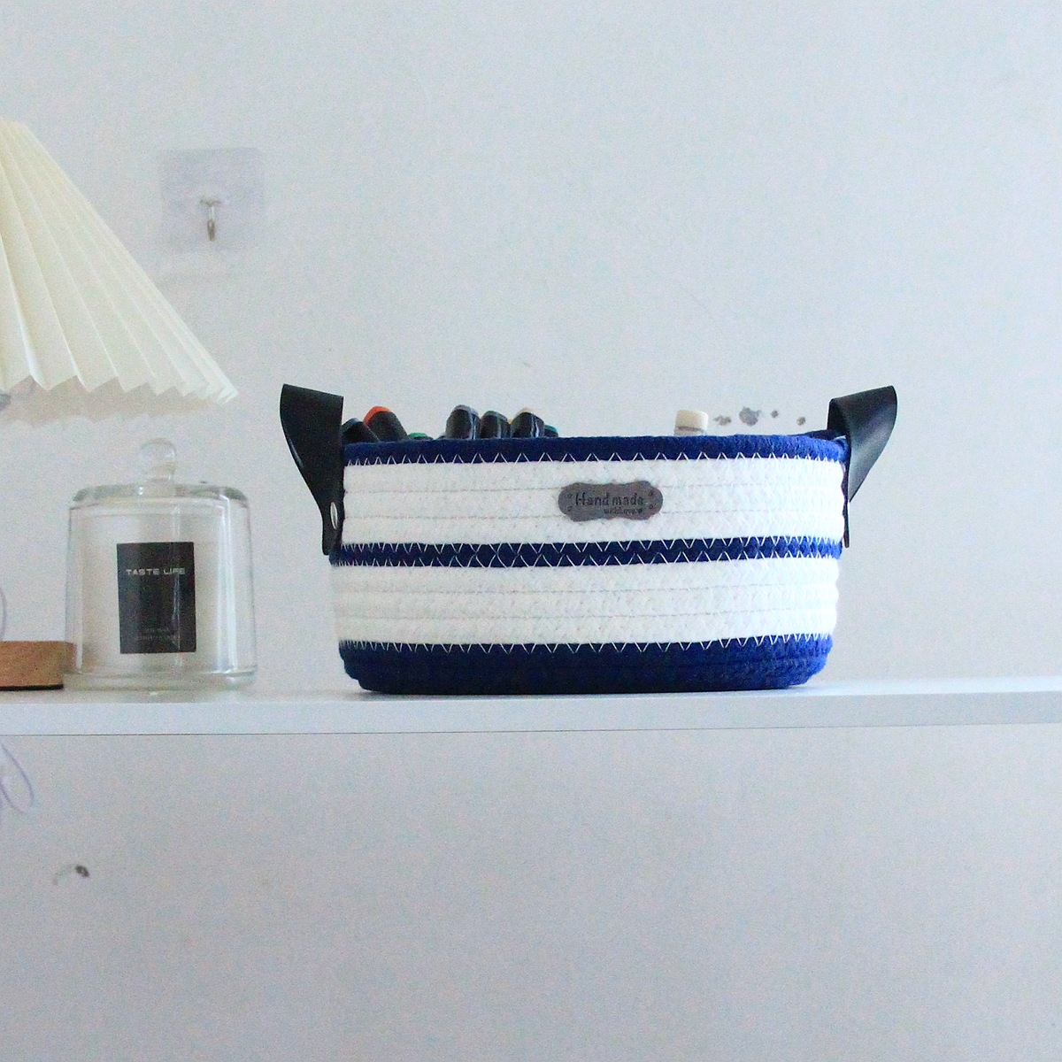 Round cotton rope woven storage basket with leather handle, InS-style desktop storage basket, cosmetics and toys storage box, Nordic style pic 5