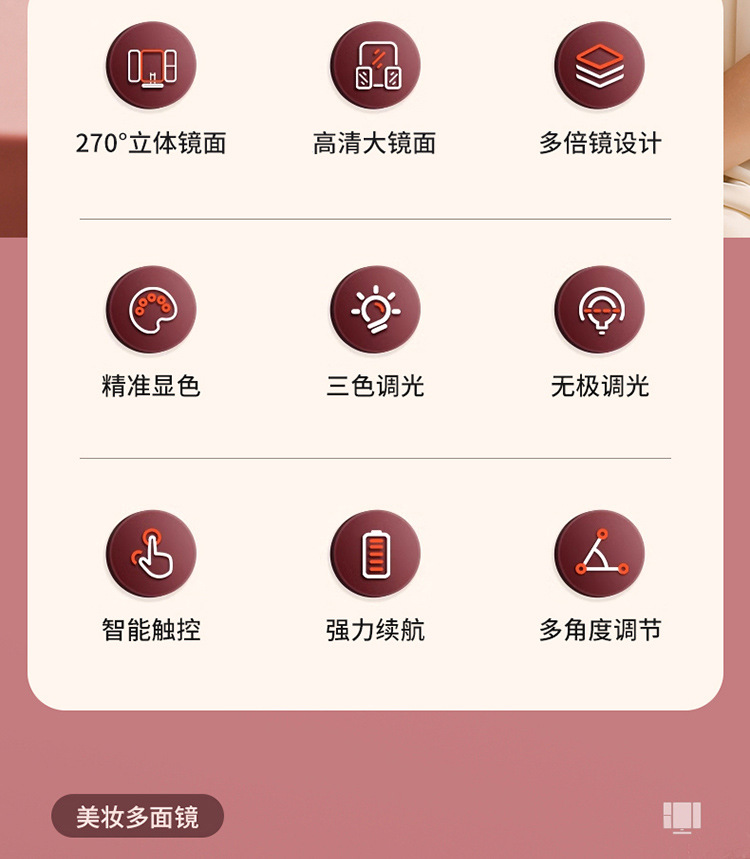 带灯台式三折化妆镜LED灯 网红梳妆镜子美颜补光化妆镜贝壳镜跨境详情2