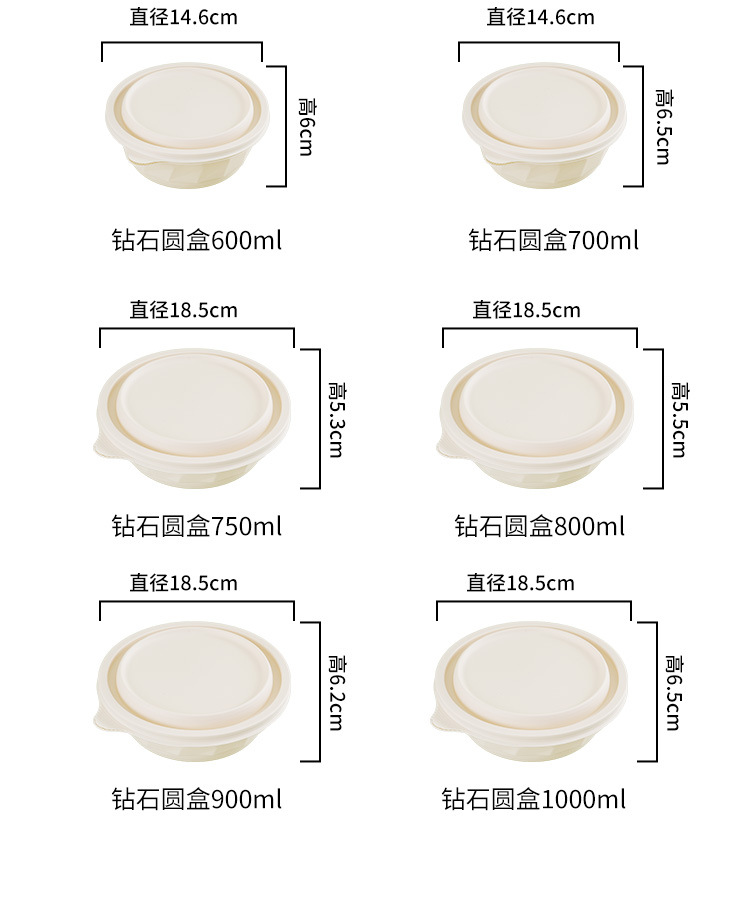 Disposable round box corn starch packing box in stock, degradable food-grade takeout round box, diamond round box lunch box pic 14