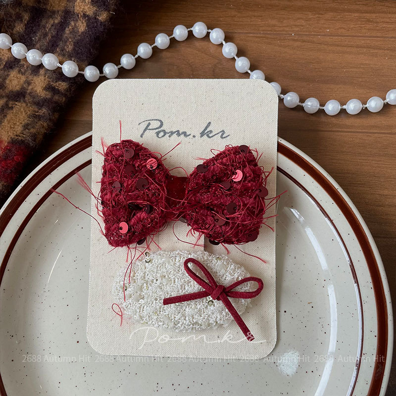 新款韩版布艺红色系蝴蝶结发夹手工儿童侧边碎发刘海夹新年款发饰红系毛呢亮片发夹 蝴蝶结猫蝶雪人装饰 少女秋冬精致女孩头饰详情10