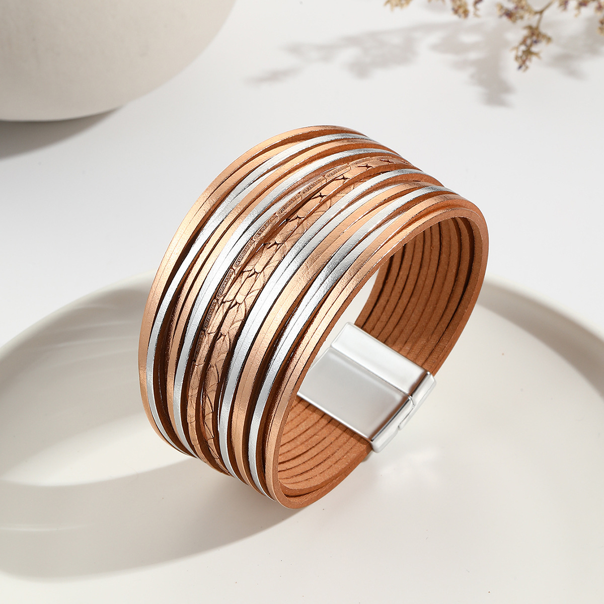 新款亚马逊多条渐变男手环皮绳混色百搭女士PU皮革皮手链磁扣手镯详情25