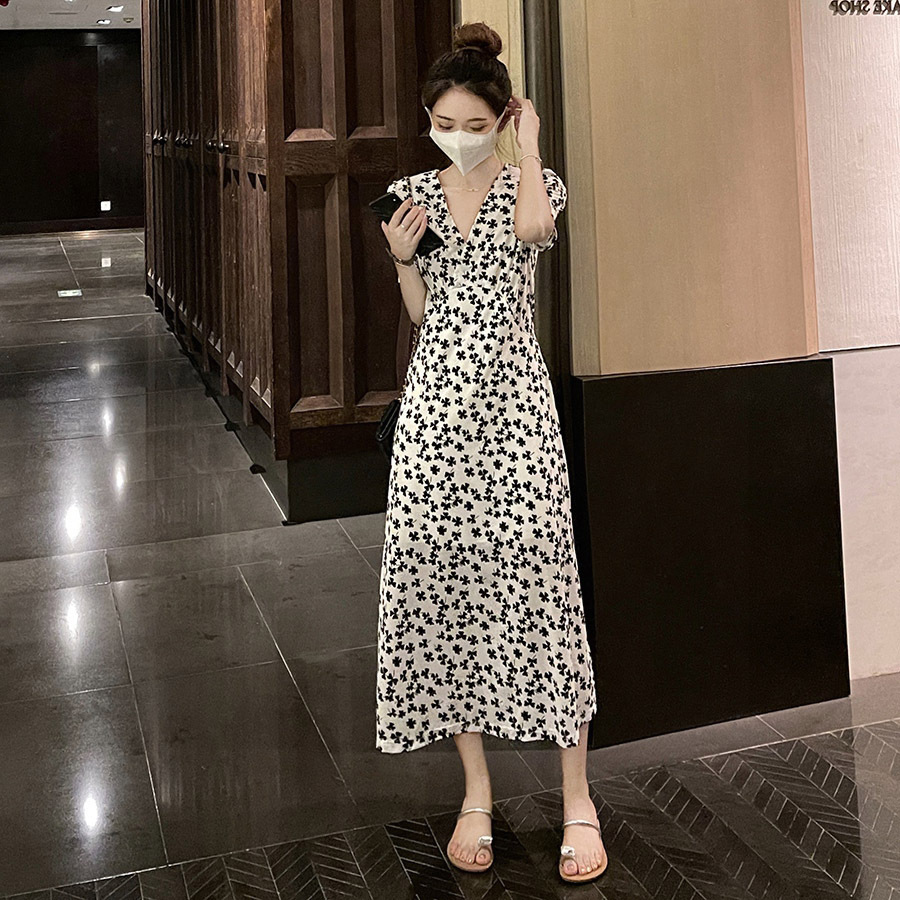 French-style first love sweet fairy thin high-end design long dress, waist-cinching and slimming black floral dress Zixia pic 13