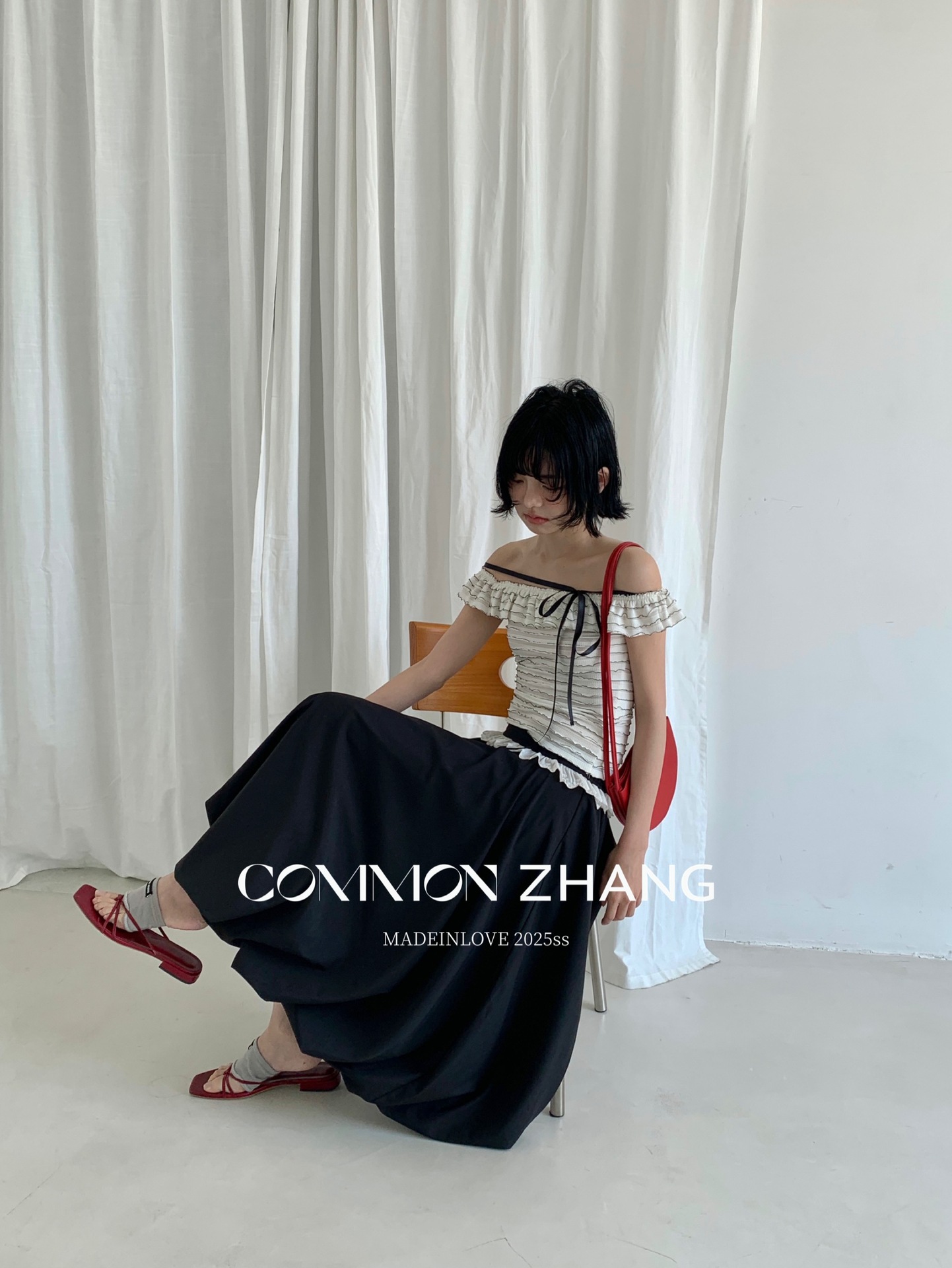 CZ ZHANG Summer French lace one-shoulder off-the-shoulder, contrasting color striped waist-cinching slim shirt B23795 pic 17