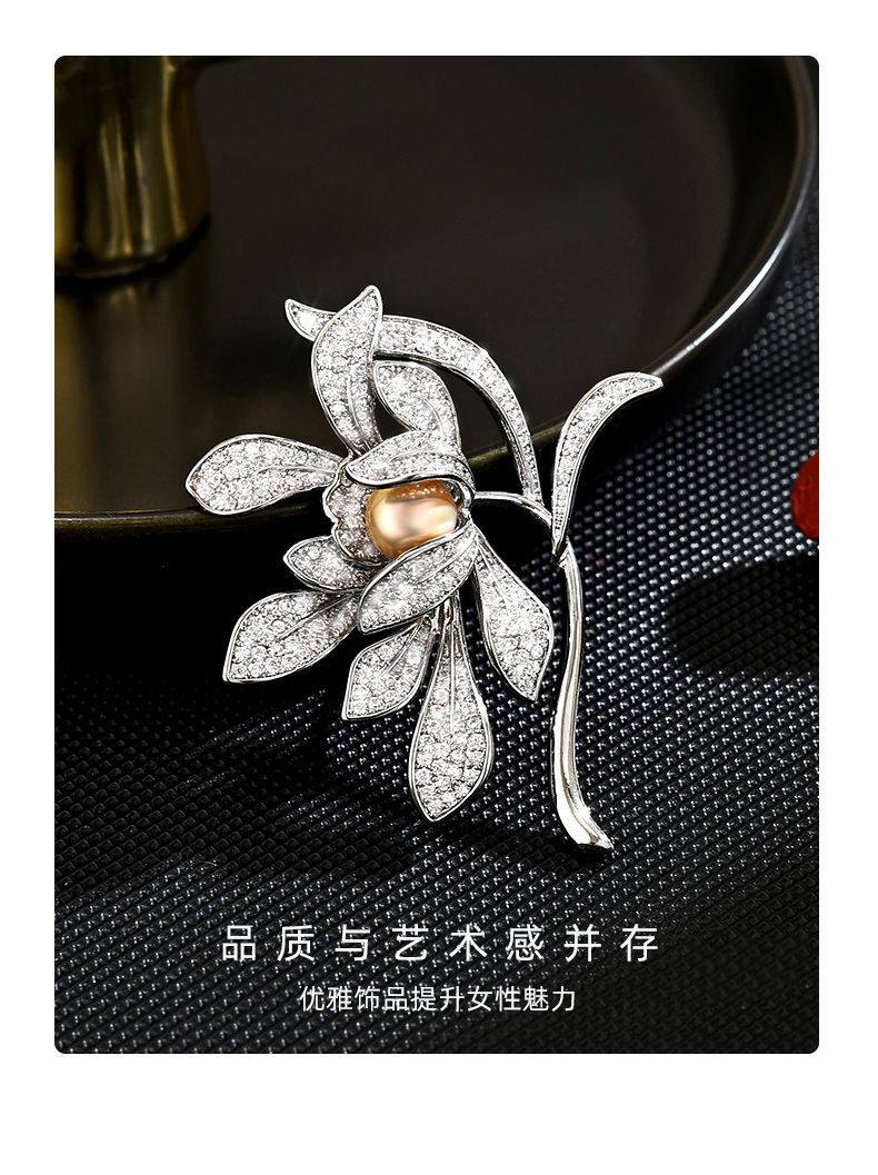 新款时尚欧版莲花大方气质珍珠胸针高档别针优雅胸花空托配饰详情5