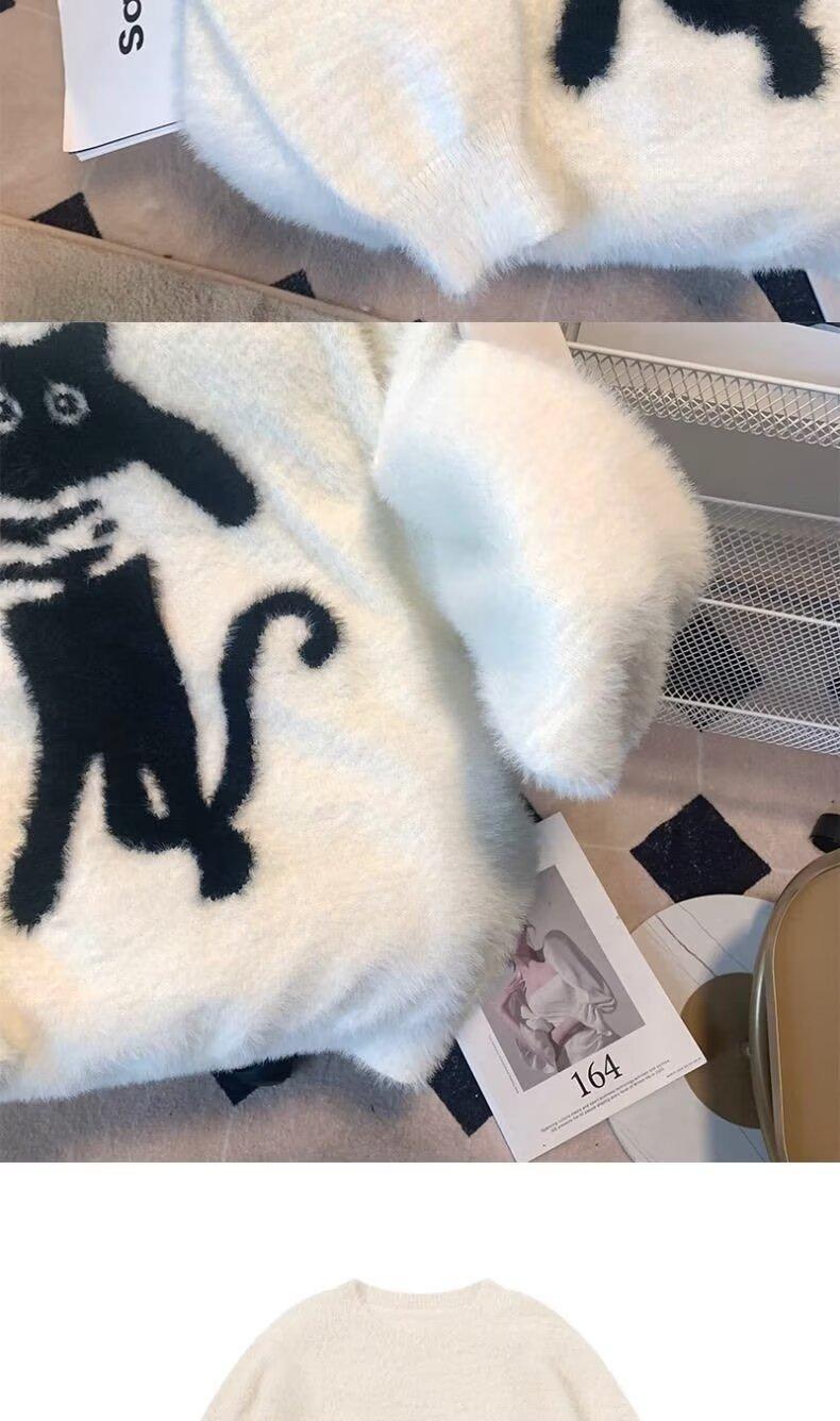 国潮美式圆领毛衣男奶茶款2024秋冬季慵懒风宽松针织衫上衣女保暖详情6