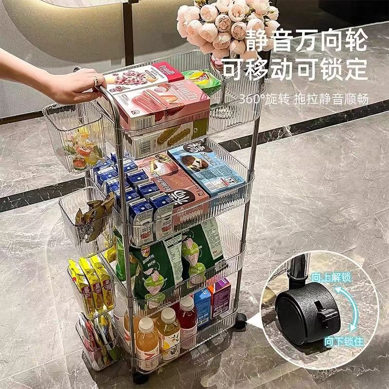 亚克力小推车置物架床头零食卧室落地书架移动多层化妆品收纳架子详情5