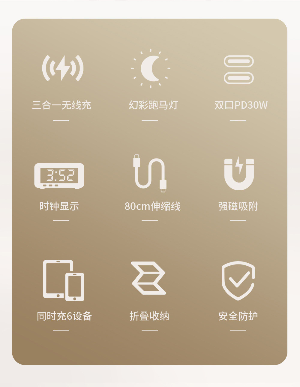 多功能Magsafe无线充电器内置伸缩线 数显时钟折叠无线充支架多口详情2